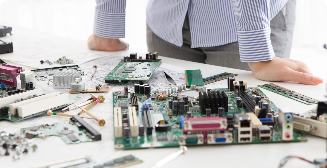 Computer circuit boards on a desk
